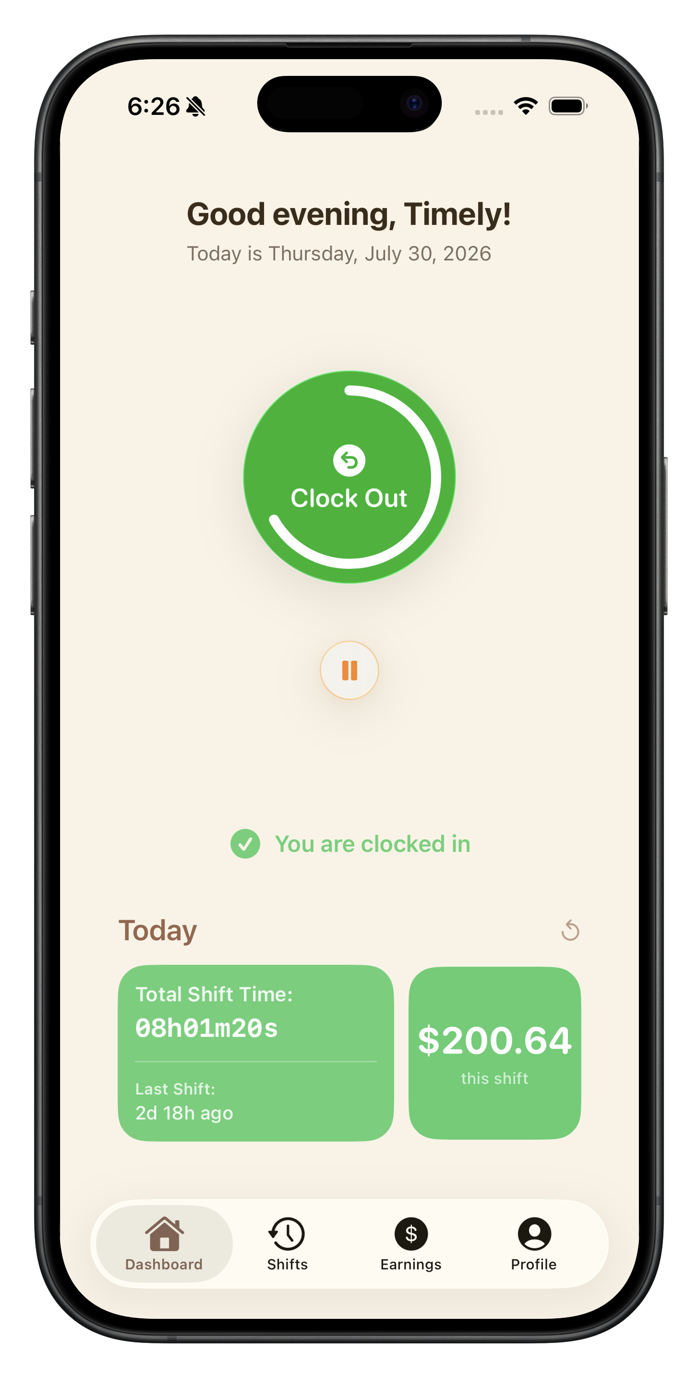 Current Timely live shift and break screen