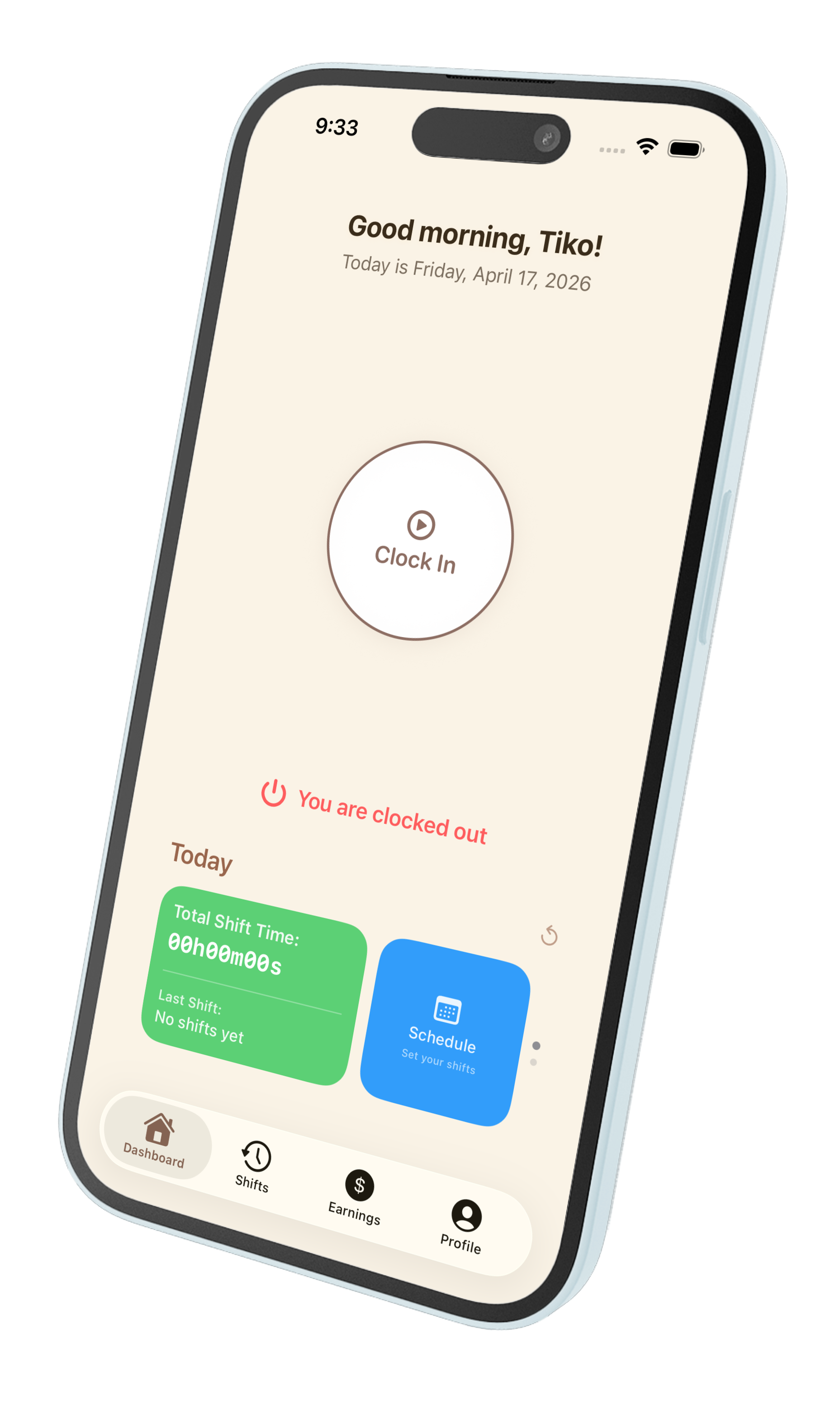 Timely app showing clock in screen with shift tracking