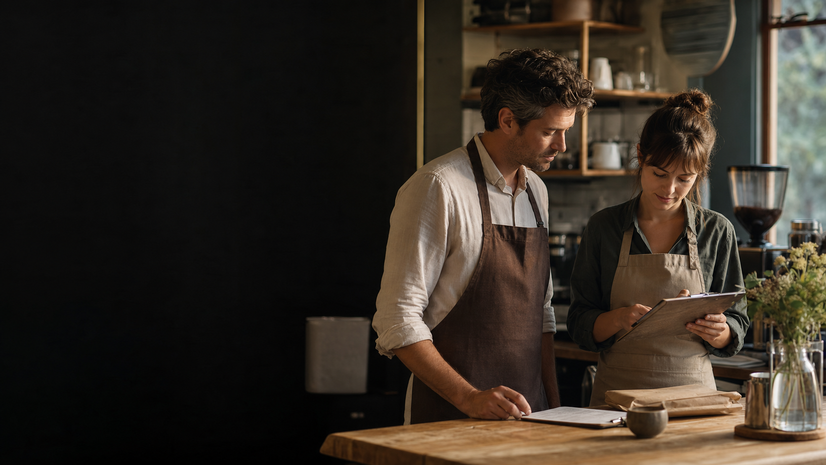 A café owner and employee preparing together before opening