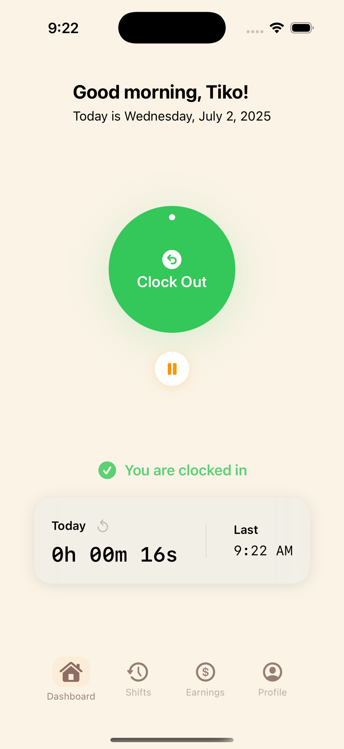 Clock In Screen